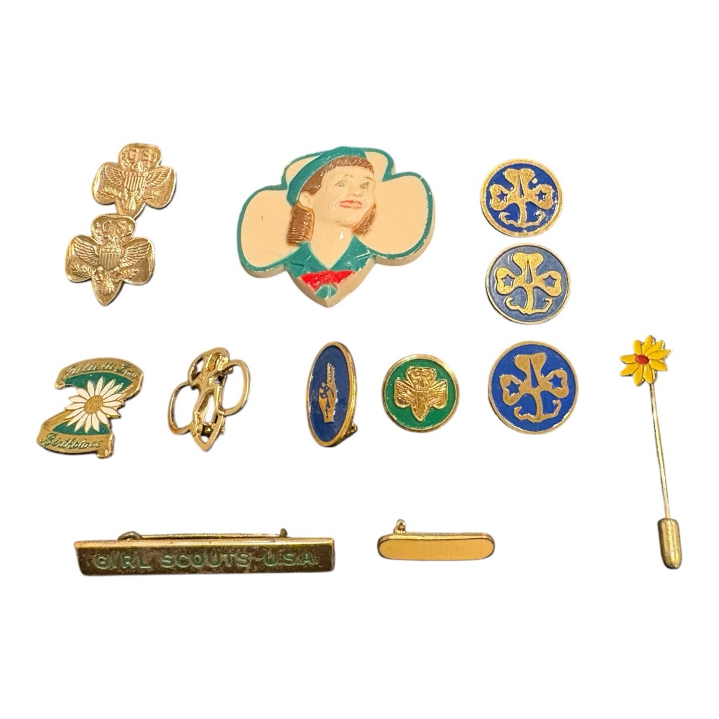 Vintage Girl Scouts Pin Lot Trefoil Eagles Service Loan Bridle Daisy J22